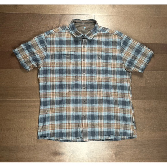 Kuhl Skorpio Shirt Men's XL Blue Linen Blend Plaid Button Up Outdoor Hiking Mtns - Picture 1 of 9